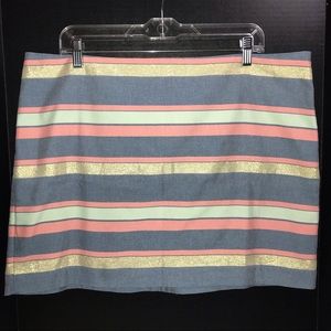 Gap mini skirt, blue/coral pink/gold metallic horizontal stripe, lined